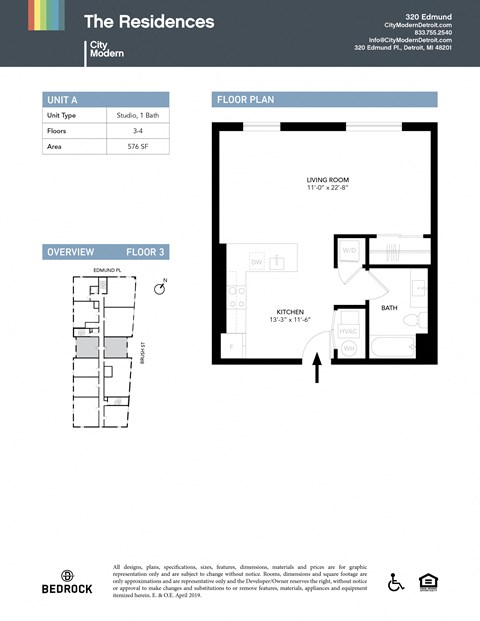 Floor plan for studio, 1 bath, 579 sqft